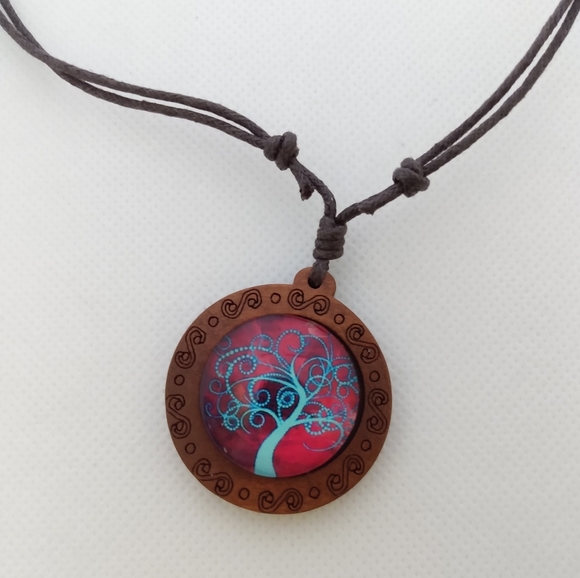 Blue Tree w/Pink Background Wood Pendant Necklace - Picture 2 of 4